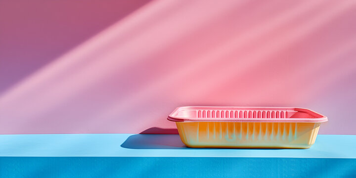 Rectangular Plastic Baking Pan Placed on a Sky Blue Surface with Pinkish Wall and Sunlight in Background