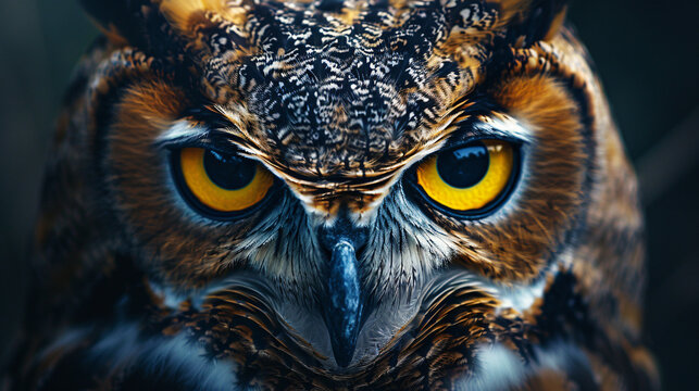 Yellow eyes of horned owl close up