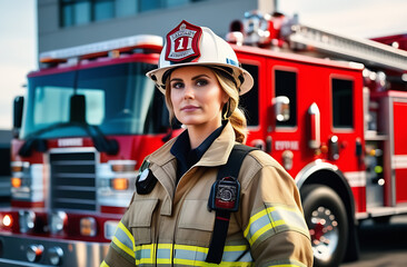 Portrait of young woman firefighter standing near fire truck.. Happy woman firefighter standing next to a firetruck, outdoors.