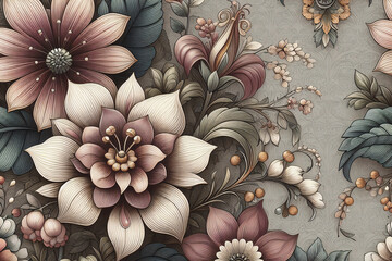 Floral accent pattern of fancy exotic flowers on a gray patterned background. AI generative