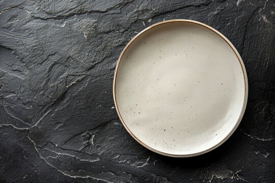A white plate sits on top of a black table, creating a simple yet elegant contrast