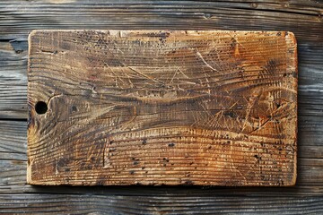 Top view of an old wooden cutting board resting on a rustic wooden table, with space for text or food preparation