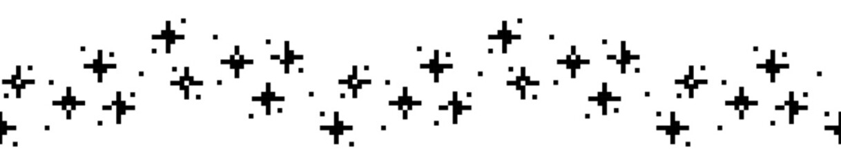 Pixel sparkling stars seamless border. Trendy modern retro 90s 8bit game style glitter graphic element for branding, packaging, prints. Vector illustration isolated on transparent background - obrazy, fototapety, plakaty
