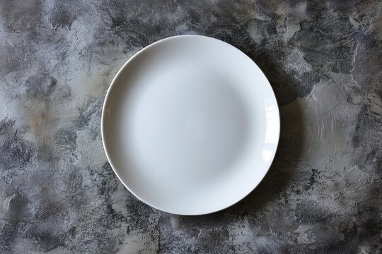 A white porcelain plate placed on top of a wooden table, ready to be filled with food or used for presentation, with ample space for text or food items