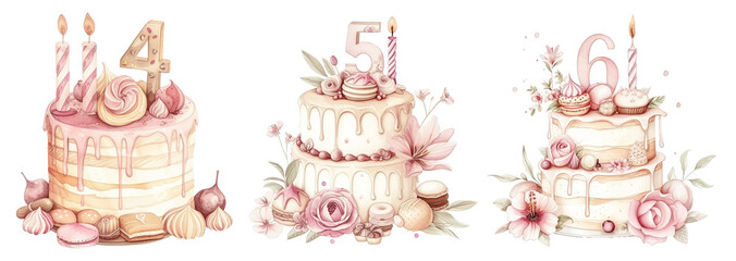 Elegant Birthday Cake Watercolor Art with Number Four Five and Six