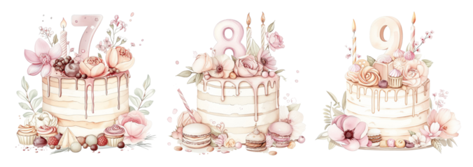 Pastel Birthday Cake Watercolor Illustration with Number Seven Eight and Nine