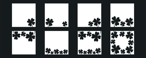 Four leaf clover flower frame for Saint Patrick day - good lucky symbol. Vector stock minimalism illustration isolated on black background for design template social media. Editable stroke. 