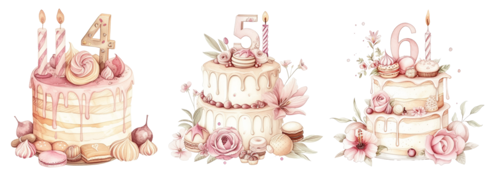 Elegant Birthday Cake Watercolor Art with Number Four Five and Six