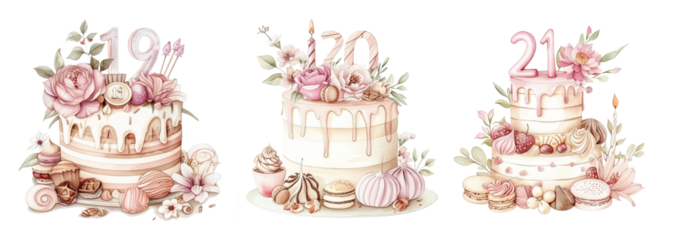 Elegant watercolor cake illustration for 19 20 21st