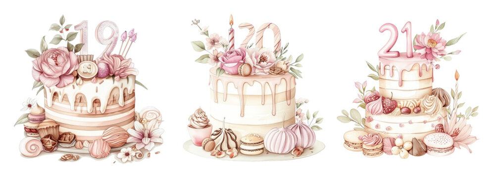 Elegant watercolor cake illustration for 19 20 21st - Powered by Adobe