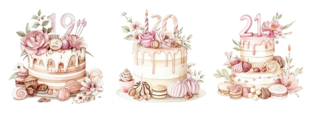 Elegant watercolor cake illustration for 19 20 21st - Powered by Adobe