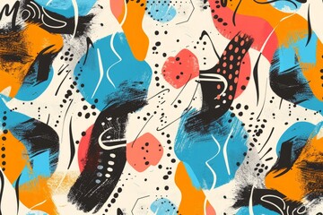 A hand-drawn modern geometric style pattern featuring dynamic abstract shapes in a variety of bright colors against a white background.