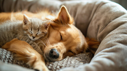 Cute dog sleeping in a bed with a adorable little kitten next to him - obrazy, fototapety, plakaty