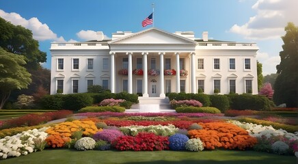 White house of America decorated with animated plants and flowers on specials days 