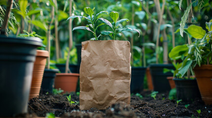Young plants emerging from a crumpled paper bag amidst potted plants in a greenhouse setting