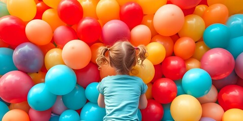 Fototapeta na wymiar A cheerful child surrounded by a vibrant sea of balloons seen from behind. Concept Vibrant Balloon Scene, Joyful Child Portrait, Colorful Outdoor Photoshoot, Playful Poses, Cheerful Atmosphere