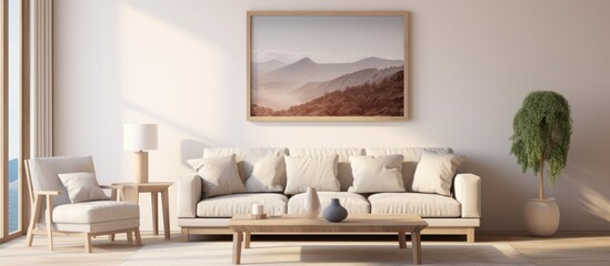 A wide living room is filled with various pieces of furniture, including a couch, coffee table, and armchairs. The focal point is a large painting hanging on the wall above the couch.