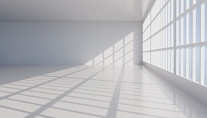 White room with big window. Sunlight room and big window. Office interior with large windows. 3d render. White interior and big window.  Big window, walls with white textured wallpaper and sunlight