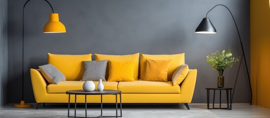 A modern living room featuring a bright yellow couch, two matching yellow lamps, and a grey corner sofa. The room is well-lit and stylishly decorated.
