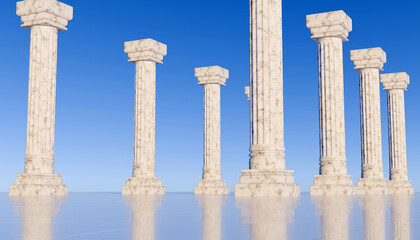 Roman columns on blue sky - 3d render. Ancient marble pillars in a row. Colonnade with daric...