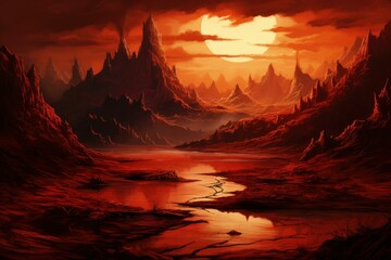 Lustrous Red fantasy river landscape. Cosmos moon. Generate Ai