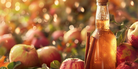 A glistening bottle of apple cider surrounded by fresh apples and cinnamon