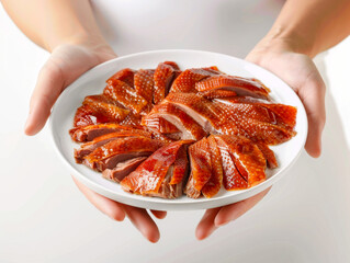 Hands holding a plate with Peking Duck realistic - obrazy, fototapety, plakaty