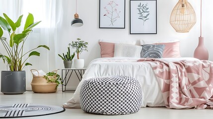 Patterned pouf and basket in bright bedroom interior with lamps plants and poster next to bed