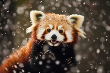 Fotobehang Serene Red panda winter snow. Fur resting tropical. Generate Ai © juliars