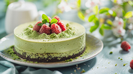 A creamy matcha mousse cake in a Gourmet Kitchen moist