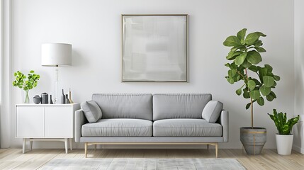 Poster above white cabinet with plant next to grey sofa in simple living room interior