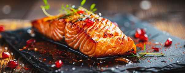 Obraz na płótnie Canvas Grilled salmon on a michelin - starred western square table moist