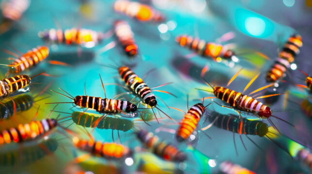 Close-Up of Aquatic Insect Larvae in Water Against Colorful Backdrop