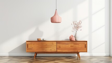 Retro pink ceiling lamp above a wooden sideboard in a modern living room interior with an empty white wall
