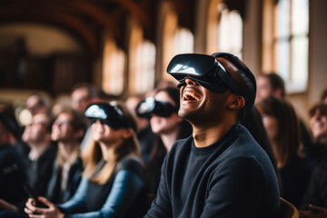 university student in a lecture theatre wearing a vr headset