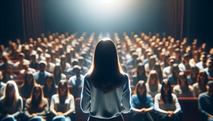 A female speaker addresses a large audience in a dimly lit auditorium, focus on her with a blurred crowd in the background, emphasizing leadership and inspiration. - obrazy, fototapety, plakaty