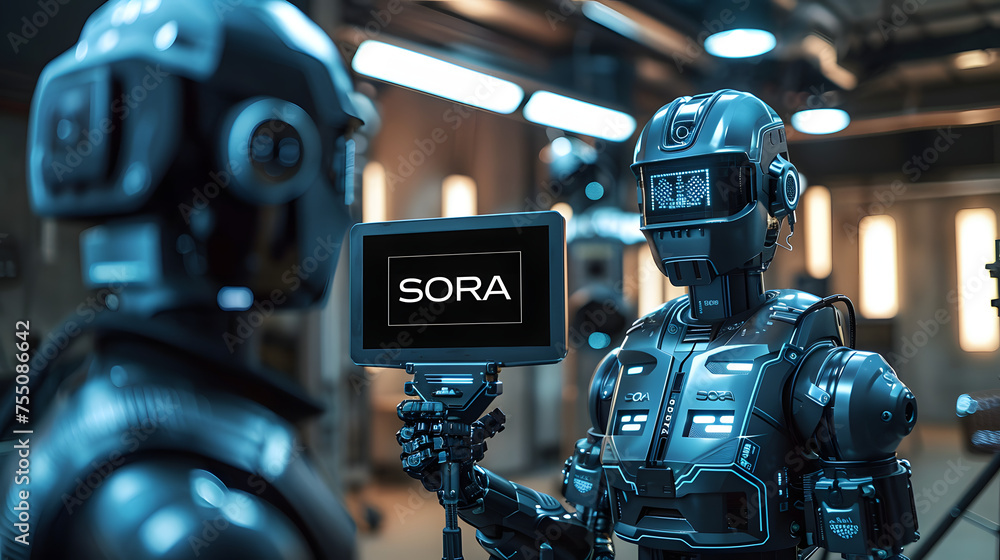 Poster advanced humanoid robot filmmaker demonstrating sora text-to-video ai model in a high-tech videograp