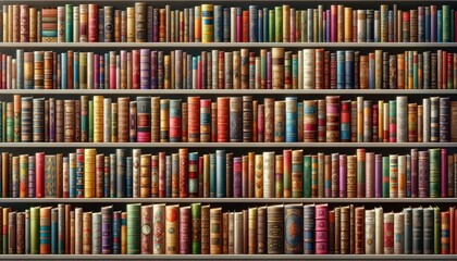 A panoramic shot of colorful hardback books on shelves, with spines visible, showcasing a wide range of knowledge and literature.