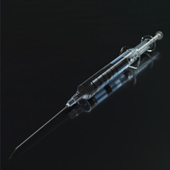 Close up macro of glass syringe and needle isolated on black background. flu vaccine, doping in sport or botox hualuronic collagen