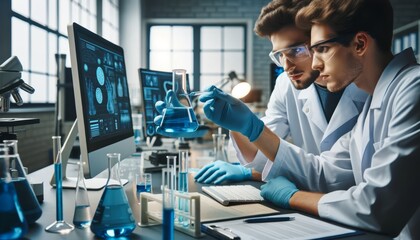 Two scientists examine a flask with blue liquid in a laboratory, surrounded by computer monitors and equipment, highlighting innovation and scientific inquiry. - obrazy, fototapety, plakaty