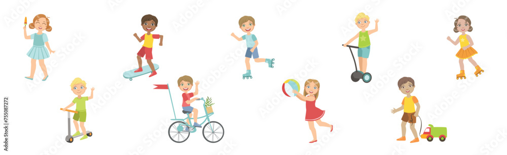 Poster cute kid character playing and having fun vector set