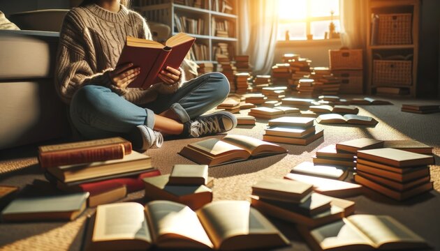 A person sits on the floor surrounded by open books, intently reading one in a warm, sunlight-filled room, symbolizing a love for learning and literature.
