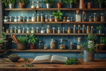 A vibrant and rustic styled kitchen shelf with herbs in pots, jars of spices, and an open book
