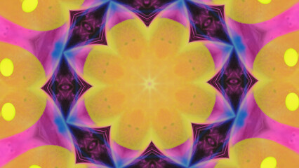 Neon mandala. Ink kaleidoscope. Defocused bright yellow pink purple blue color glowing lotus floral...