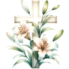 Easter Cross Adorned with Spring Flowers: A Unique Watercolor Fusion Celebrating Rebirth, Elegantly Crafted for the Season of Renewal & Joy, Perfect for Home and Gatherings.
