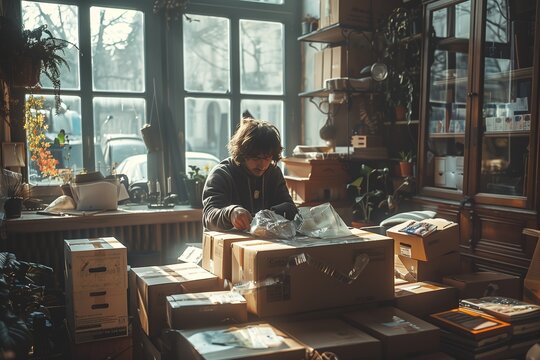 A solitary man immersed in organizing an array of boxes in a sunlit room
