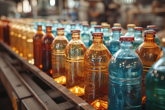 Sharp and vivid close-up of a production line with a variety of brightly colored soda bottles in a beverage factory