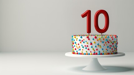Birthday cake on a 10 years decorated with colorful sweets, topper number ten on a white background. Copy space.