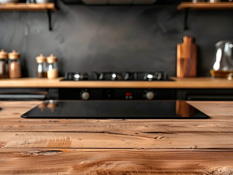 A loft-style natural wood countertop with a place to copy product advertisements on a blurred kitchen background at homeA loft-style natural wood countertop with a place to copy product  18
