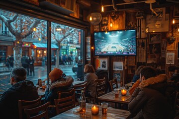Inside a bar, patrons watch a live sports game, lights warm the casual scene